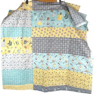 Handmade Large yellow gray blue Spring garden Print Bedroom Decor Quilt topper